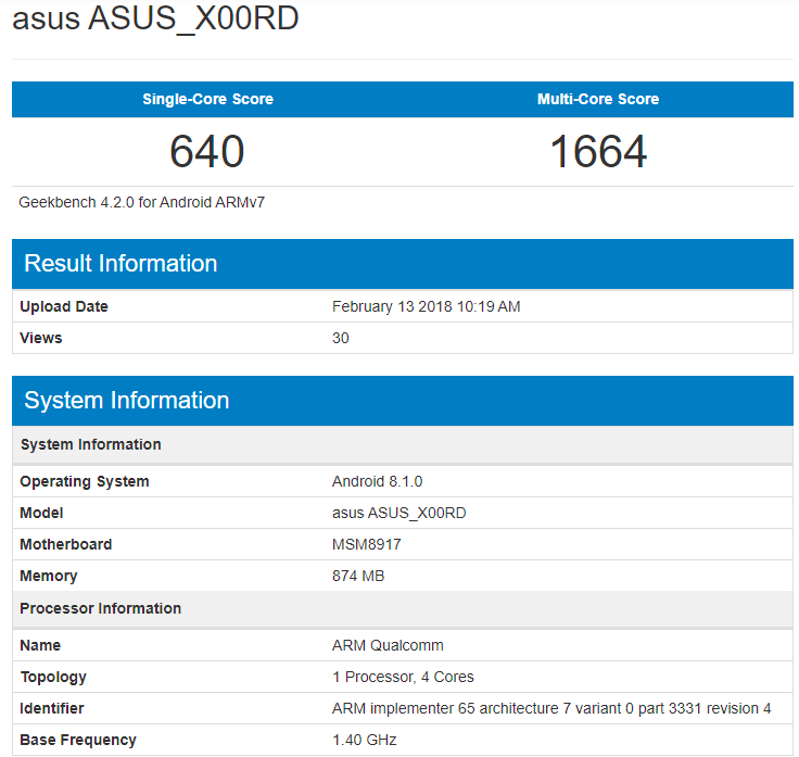 ASUS X00RD с легкой и быстрой Android Oreo (Go Edition) появился в Geekbench