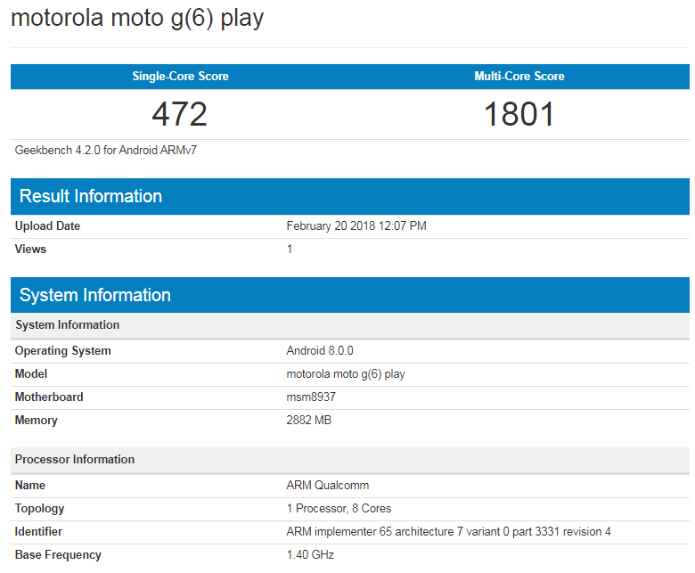 Moto G6 Play замечен в бенчмарке