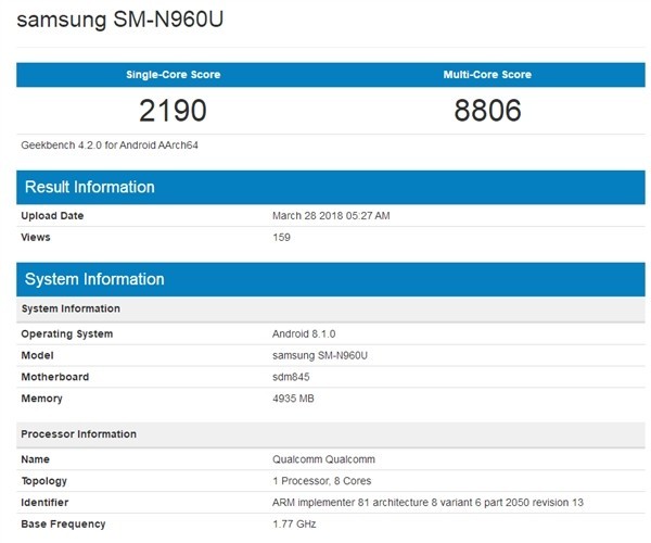 Samsung Galaxy Note 9 замечен в Geekbench
