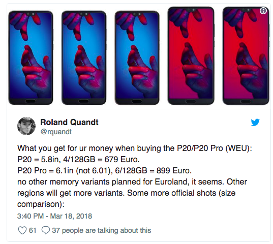 Названы европейские цены на Huawei P20 и P20 Pro