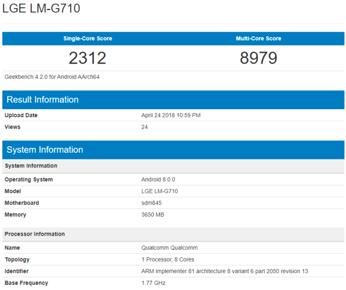 LG G7 ThinQ прошел испытание в Geekbench