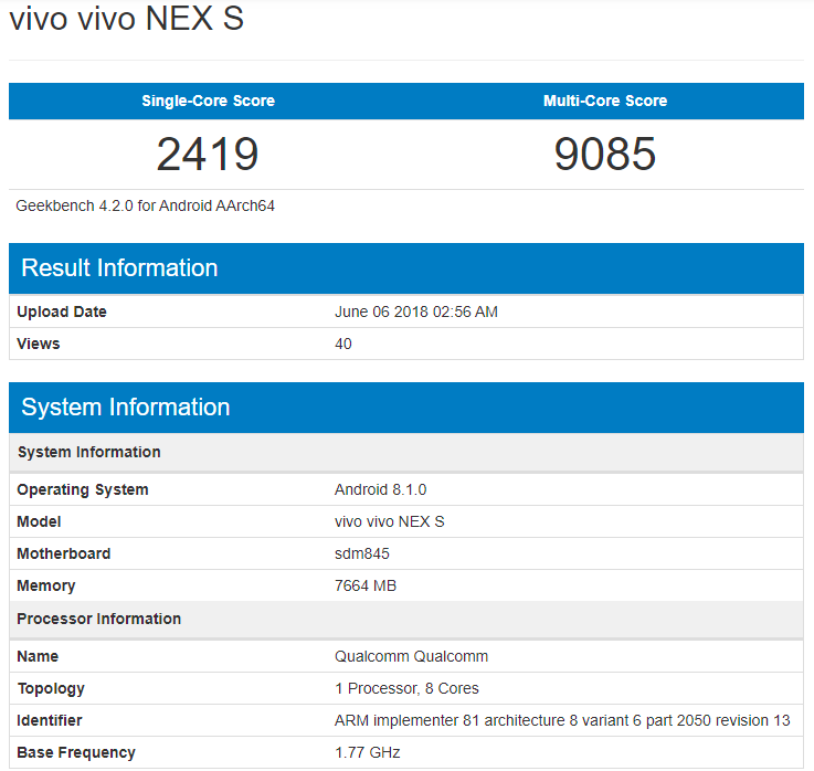 Vivo NEX был замечен в Geekbench