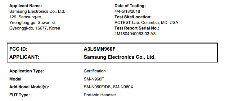 Samsung Galaxy Note 9 получил сертификат FCC