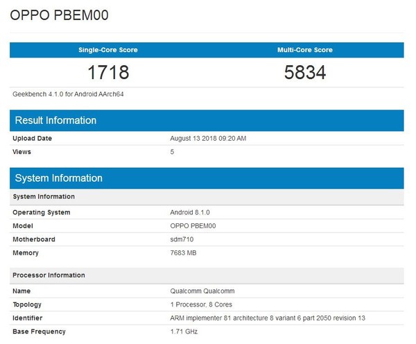 Oppo R17 Pro замечен в Geekbench и озвучили подробности о камере