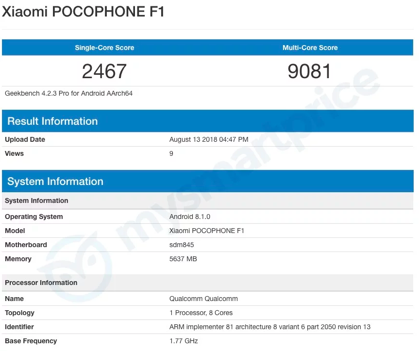 Xiaomi Pocophone F1 удивил своей производительностью в Geekbench