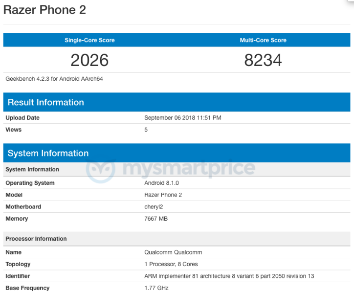 Первые подробности о Razer Phone 2 из Geekbench